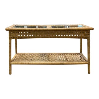 Mid Century Braided Rattan Console Table With Glass Top For Sale