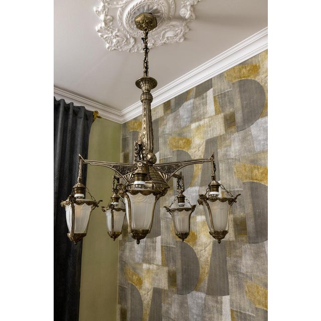 Art Deco Bronze and Frosted White Glass Five-Light Chandelier, France, 1925 For Sale - Image 6 of 18