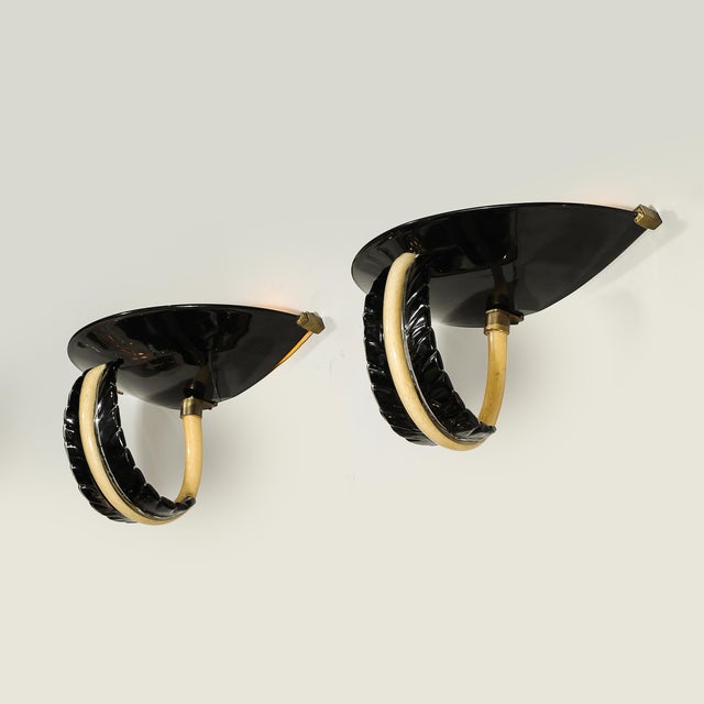 Black 1950s Mid-Century Rare Hand-Blown Murano Black & Gold Acanthus Glass Sconces by Seguso - a Pair For Sale - Image 8 of 17