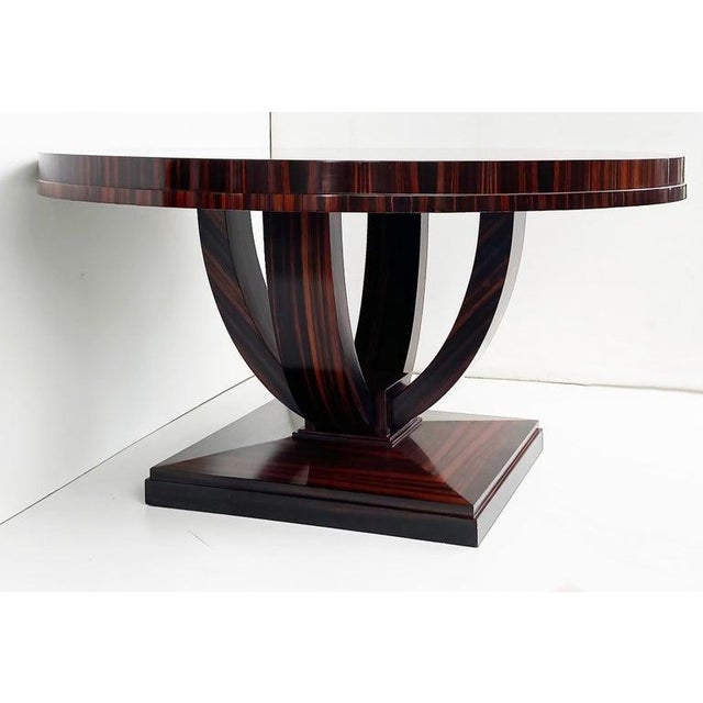 Art Deco Late 20th Century Art Deco Macassar Ebony Round Dining Center Table, Beautifully Veneered Wood For Sale - Image 3 of 9