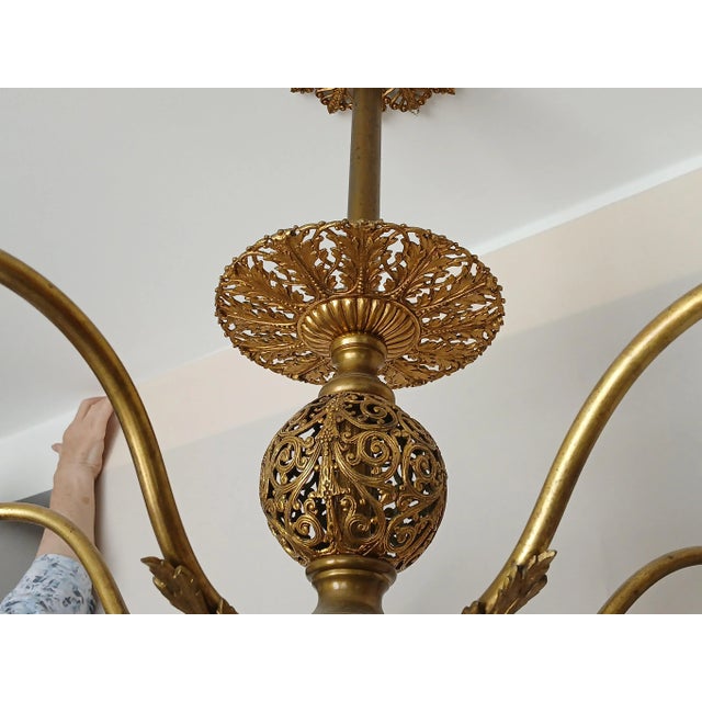 Antique Steuben Style Brass 5-Armed Chandelier For Sale - Image 9 of 16