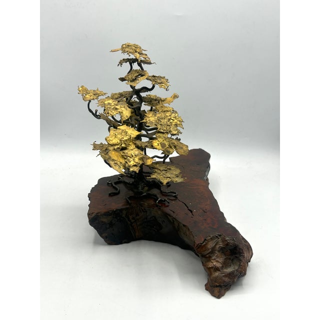Mid-Century Brutalist Gilt Bronze Bonsai Tree Sculpture on Burl Wood Basee For Sale - Image 13 of 18