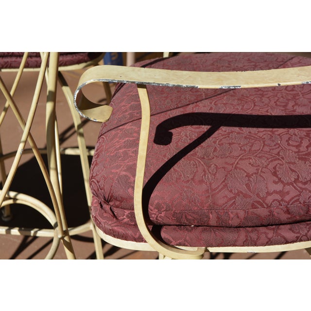 Timmerman Pale Yellow Wrought Iron & Glass Top Round Patio Bistro Bar Set W/ 3 Swivel Stools For Sale - Image 4 of 17