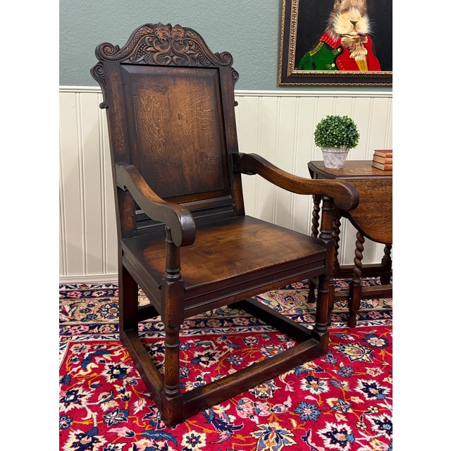 Antique Pair of English Carved Oak Wainscot Highbacked Armchairs C. 1900-1920 For Sale - Image 4 of 18