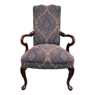 Vintage Queen Anne Style Gooseneck Arm Mahogany Library Chair For Sale