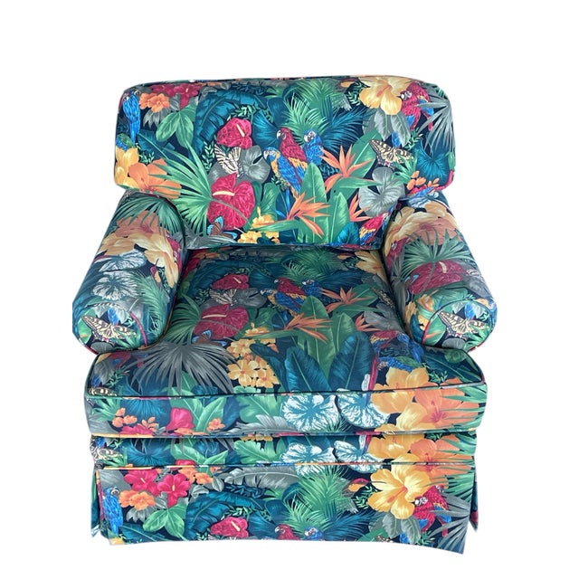 Green 80s Tropical Floral Skirted Lounge Chairs With Parrot Motif Upholstery, a Pair, Palm Beach Regency, Vintage, Maximalism For Sale - Image 8 of 12
