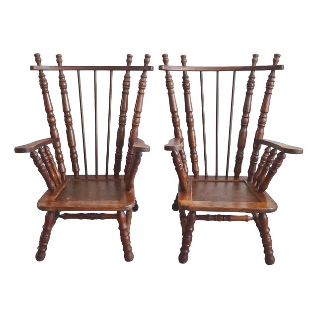 Vintage Brutalist Oak Armchairs with Spools, 1970s, Set of 2 For Sale