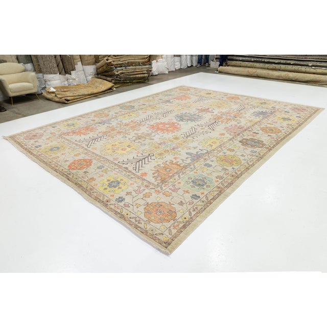 Tribal 12x16 Hand-Knotted Modern Oushak Style Area Rug Pastel Geometric Tribal Wool Rug For Sale - Image 3 of 10