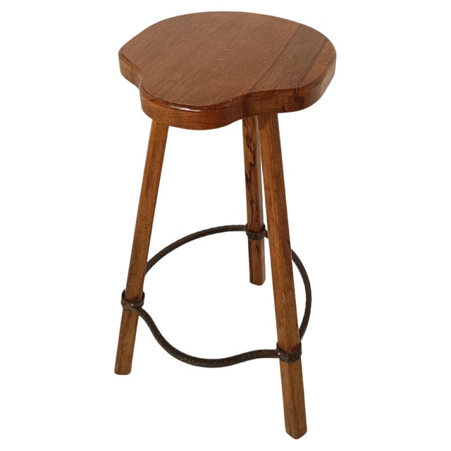 Vintage Bar Stool in Walnut and Hammered Iron, 1970s For Sale
