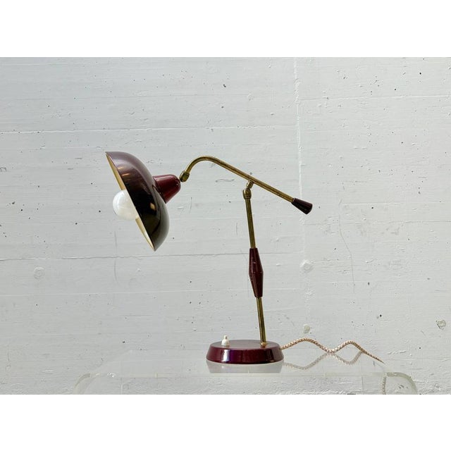Mid-Century Modern Table Lamp with Brass Arm and Lacquered Metal Shade, Italy, 1950s For Sale - Image 3 of 17