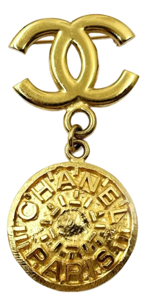 Chanel Vintage Gold Plated CC Medallion Large Brooch