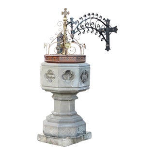 Antique Gothic Hardstone, Brass, Oak & Wrought Iron Baptismal With Boom 19thC For Sale