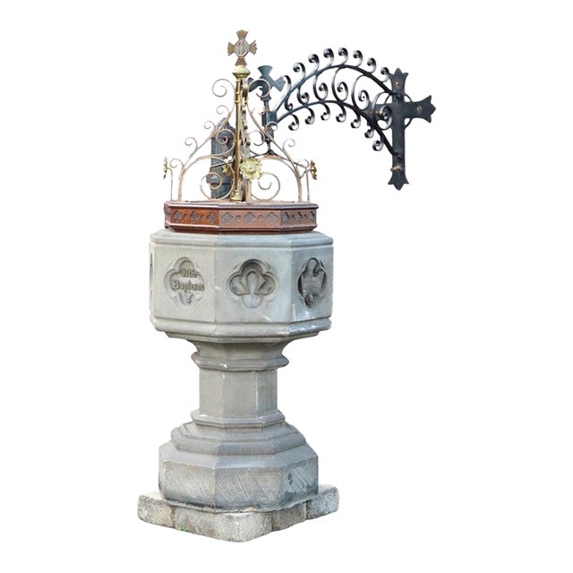 Antique Gothic Hardstone, Brass, Oak & Wrought Iron Baptismal With Boom 19thC For Sale