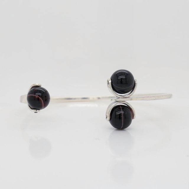 Metal Modernist Sterling Silver & Banded Agate Bead Cuff Bracelet For Sale - Image 7 of 12