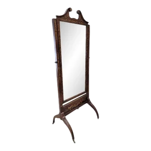 Antique Victorian Mahogany Inlaid Castered Cheval Mirror With Beveled Glass