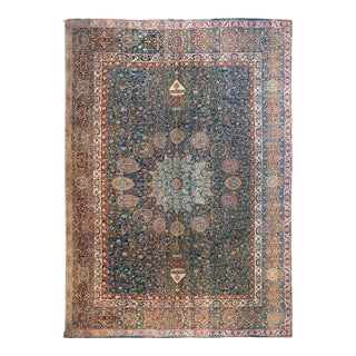 1890s Blue Navy Ardabil Antique N. Indian Agra Rug 10'8" - 14'10" Handknotted Wool Carpet For Sale