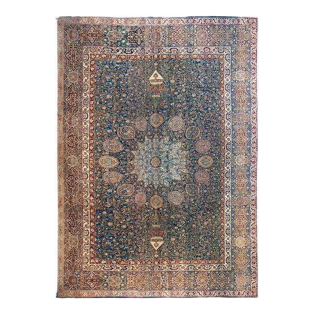 1890s Blue Navy Ardabil Antique N. Indian Agra Rug 10'8" - 14'10" Handknotted Wool Carpet For Sale