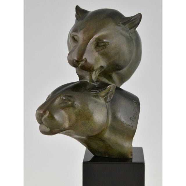 Irenee Rochard, Art Deco Sculpture with Two Panther Heads, 1930, Bronze & Marble For Sale - Image 9 of 13