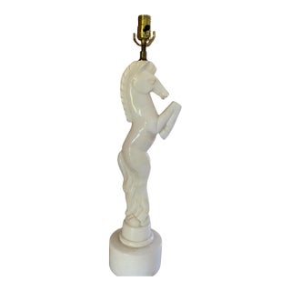 Vintage Mid-Century Modern Italian Alabaster Horse Table Lamp Base Hand Carved Rearing Knight Model 477 Original Sticker For Sale