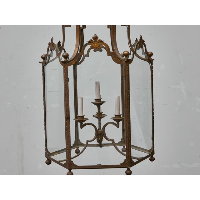 Tall French Wrought Iron Lantern With Glass Panels and Scroll Detailing - 1900s For Sale In Atlanta - Image 6 of 18