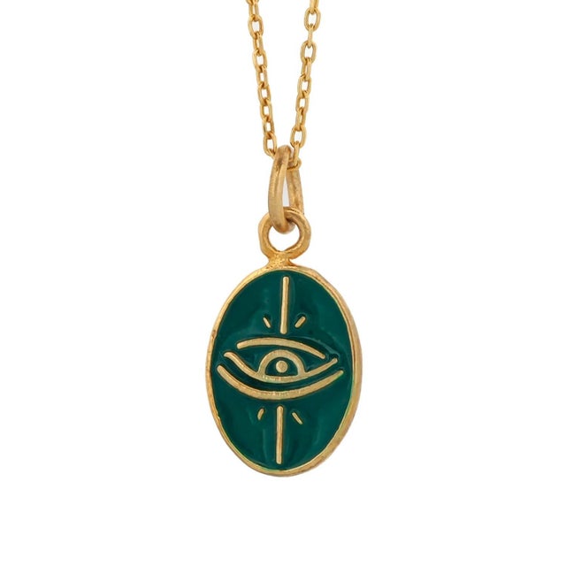 Contemporary Green Enamel Evil Eye Minimalist Gold Protective Necklace For Sale - Image 3 of 8