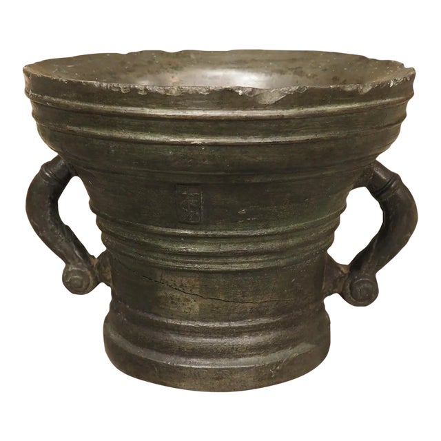 Heavy 16th Century French Bronze Mortar With Handles, Dated 1587, 109 Lbs For Sale