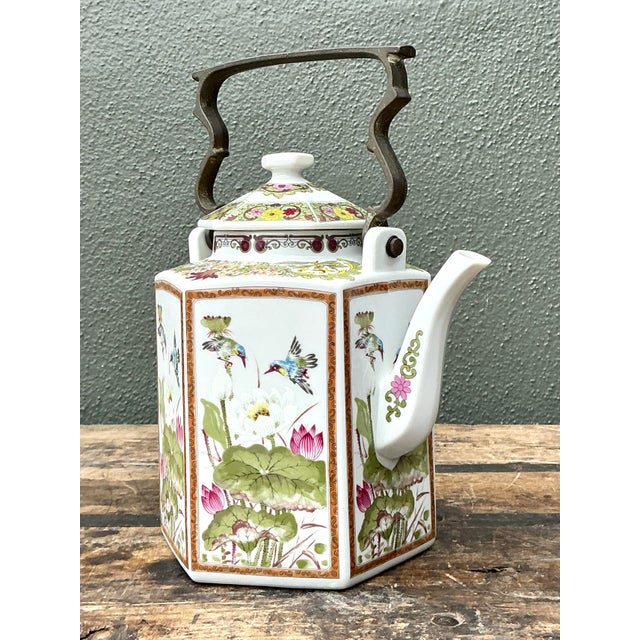 White Vintage Chinoiserie Glazed Ceramic Botanical Tea Pot For Sale - Image 8 of 12