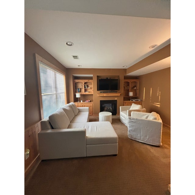 Transitional Off-White Pottery Barn Sofa With 2 Matching Chairs and Coffee Table For Sale - Image 3 of 10