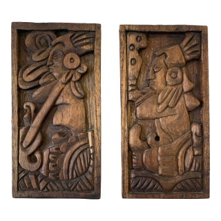 Late 20th Century Vintage Mayan Hand Carved Wood Panels, Set of 2 For Sale