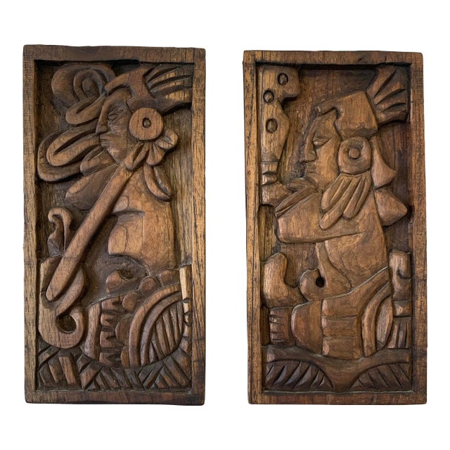 Late 20th Century Vintage Mayan Hand Carved Wood Panels, Set of 2 For Sale