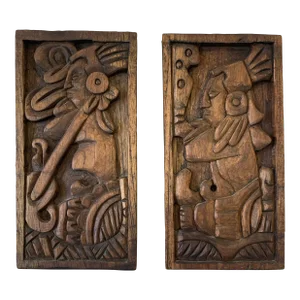 Late 20th Century Vintage Mayan Hand Carved Wood Panels, Set of 2