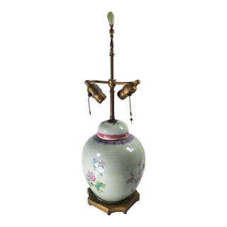19th Century Chinese Celadon Green Floral Ginger Jar Table Lamp in Famille Rose Palette For Sale