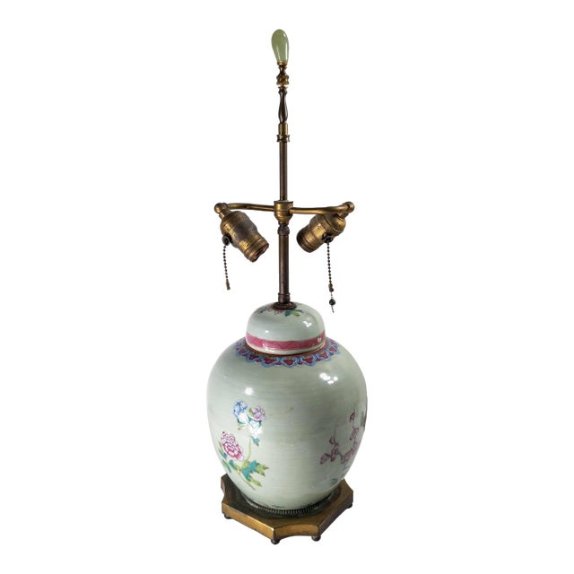 19th Century Chinese Celadon Green Floral Ginger Jar Table Lamp in Famille Rose Palette For Sale