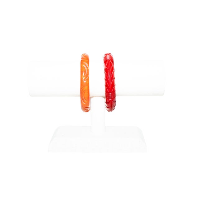 Vintage Carved Bakelite Bangle Bracelets in Red and Orange, 1930's, Pair Of For Sale - Image 17 of 17