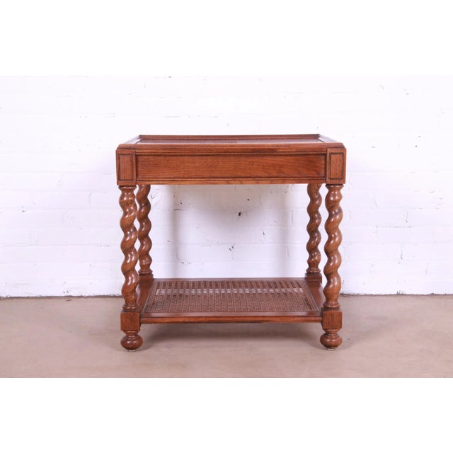 1970s Baker Furniture English Barley Twist Oak, Burl - and Cane Tea Table For Sale - Image 11 of 13