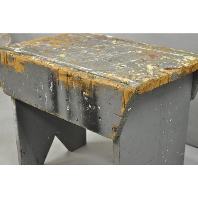 Gray Early 20th Century Antique French Country Primitive Gray Painted Paint Splattered Work Bench Stool For Sale - Image 8 of 11