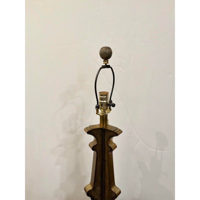 Stylish Currey & Co Wood & Brass Lamp. Sculptural body. Showroom floor sample.