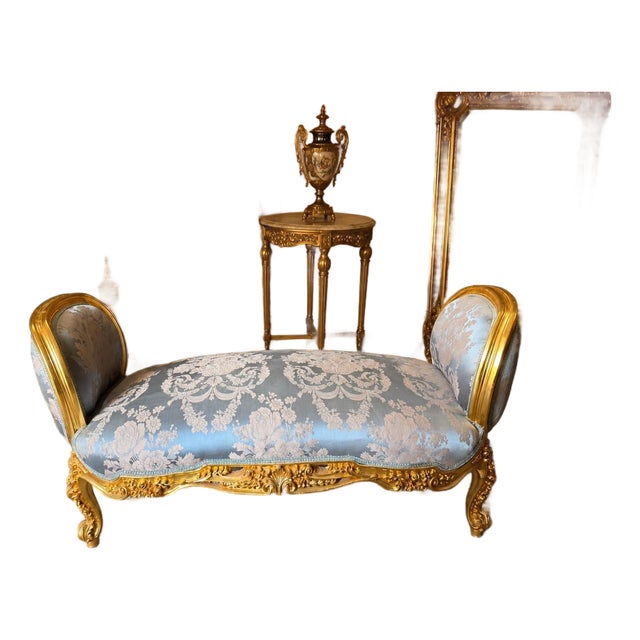 Vintage French Boudoir Bench Blue Damask Upholstery For Sale