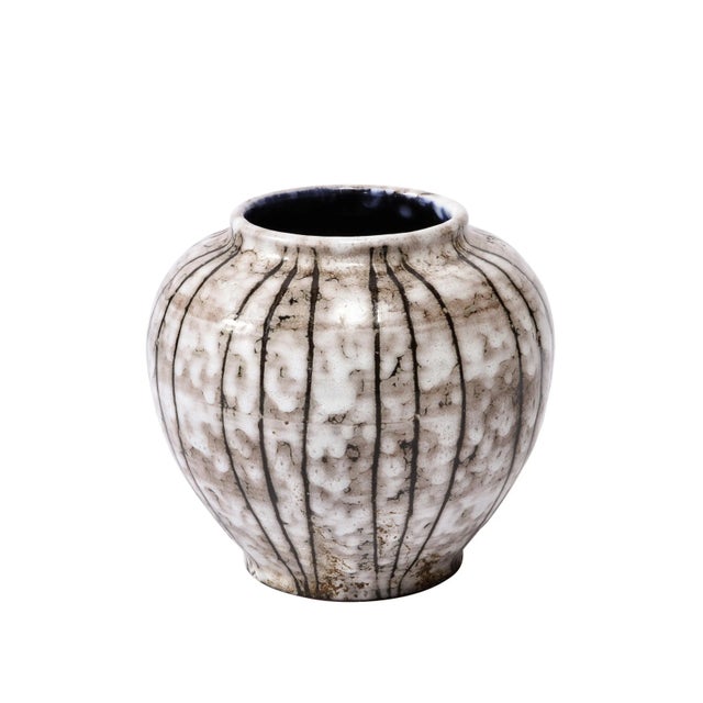 Mid-Century Modernist White and Earth Toned Ceramic Vase With Bowed Line Work For Sale - Image 13 of 13