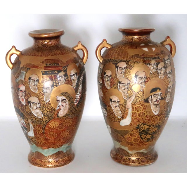 Japanese Antique Japanese Signed Satsuma Porcelain Vases, Matched Pair With Double Handles, Faces and Dragon on Each For Sale - Image 3 of 10
