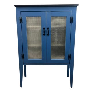 Modern Farmhouse Blue Solid Pin With Silver-Tone Mesh Doors Server or Cabinet For Sale