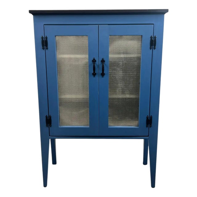 Modern Farmhouse Blue Solid Pin With Silver-Tone Mesh Doors Server or Cabinet For Sale