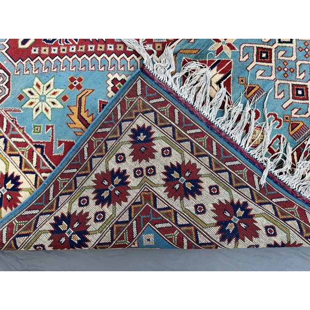 Hand-Knotted Blue and Red Afghan Medallion Wool Area Rug, 6'9" X 5'0 For Sale - Image 10 of 12