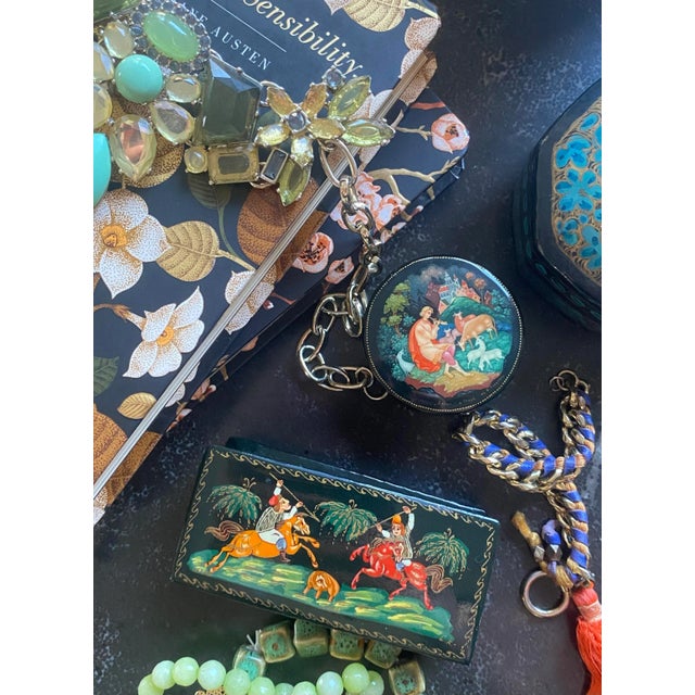 Vintage Russian Palekh Hand-Painted Lacquered Trinket Box, Hunting Scene For Sale - Image 10 of 12