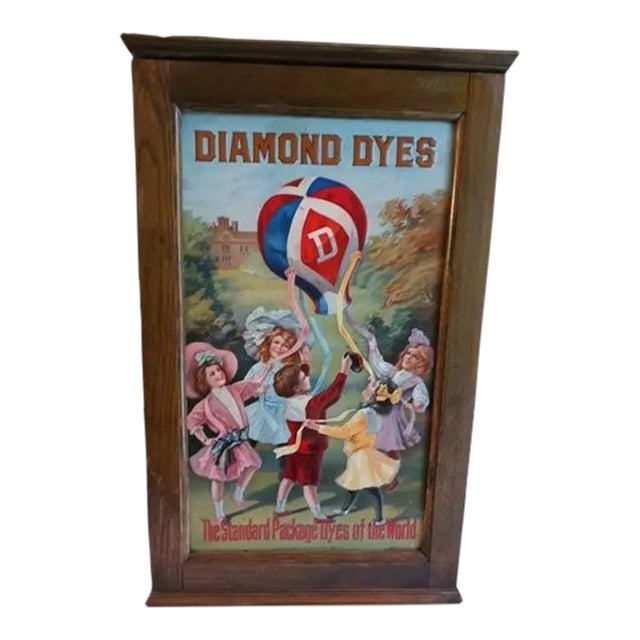 Colorful Diamond Dye Country Store Tin and Wood Cabinet Chromolithograph 1911 For Sale