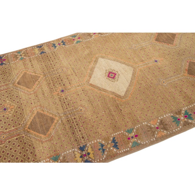 4 X 13 Vintage Turkish Kars Wool Rug in Tan Color With a Tribal Pattern For Sale In New York - Image 6 of 9