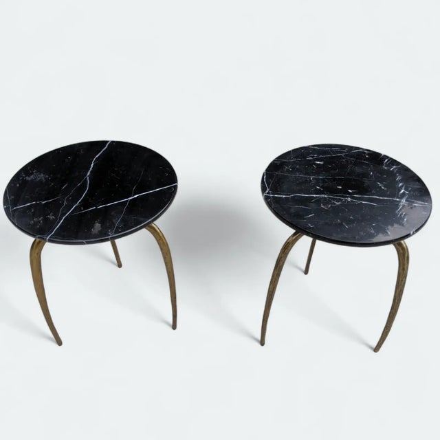 2020s Revelation Modern Black Marble and Forged Gold Metal Wishbone Round Side Tables- A Pair For Sale - Image 5 of 11