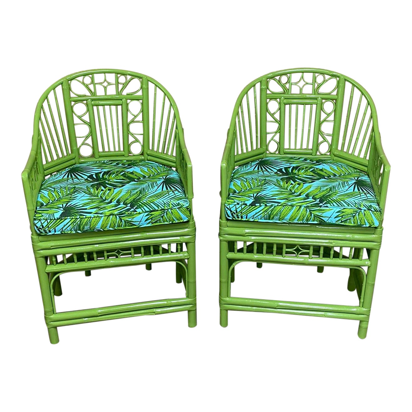 Vintage Lacquered Rattan Chairs With Palm Cushions a Pair Chairish