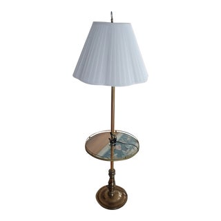 Late 20th Century Brass Floor Lamp End Table With Shade For Sale