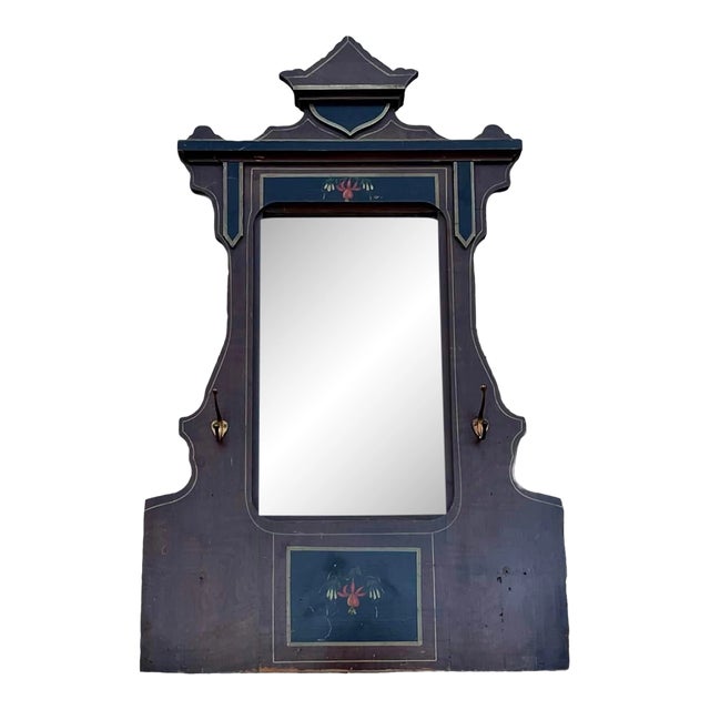 Antique American Folk Art Painted Hall Mirror With Coat Hooks, Circa 1900 For Sale